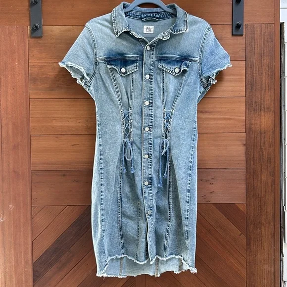 white christmas dresses Women's Piece Dyed Denim Dress with Frayed Hem – Wash Lab – washlabshop